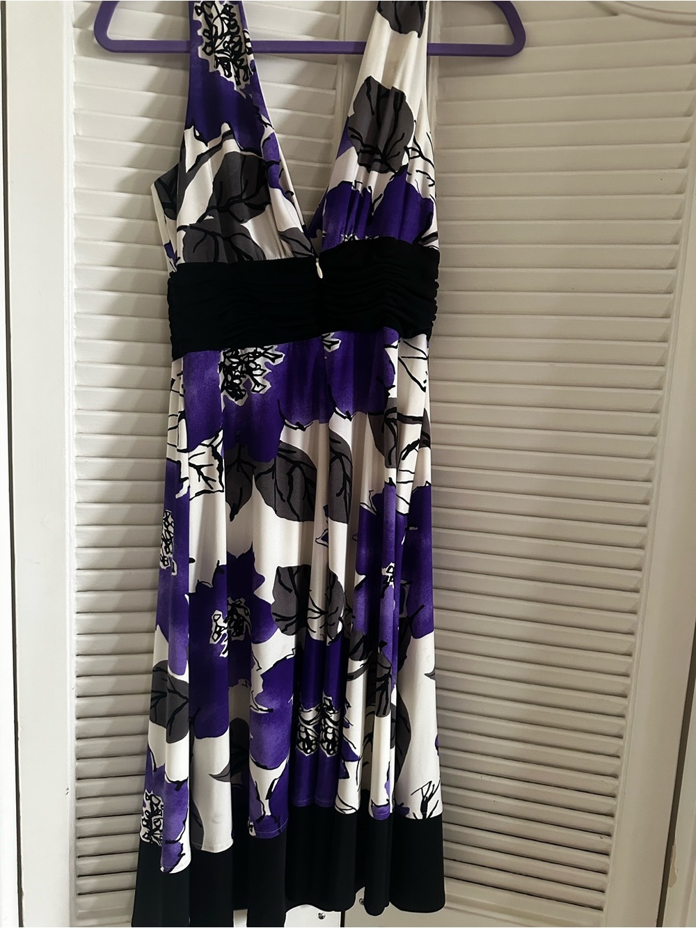 Jones New York Floral Pattern Sleeveless Black, White and Purple Dress